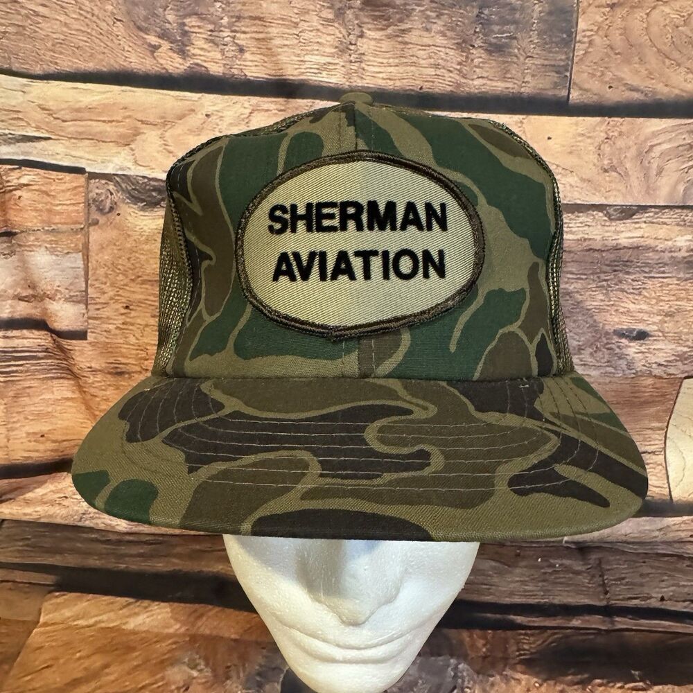 Vintage Sherman Aviation Camo Trucker Hat Dorfman Pacific Co Mesh Snapback Mens